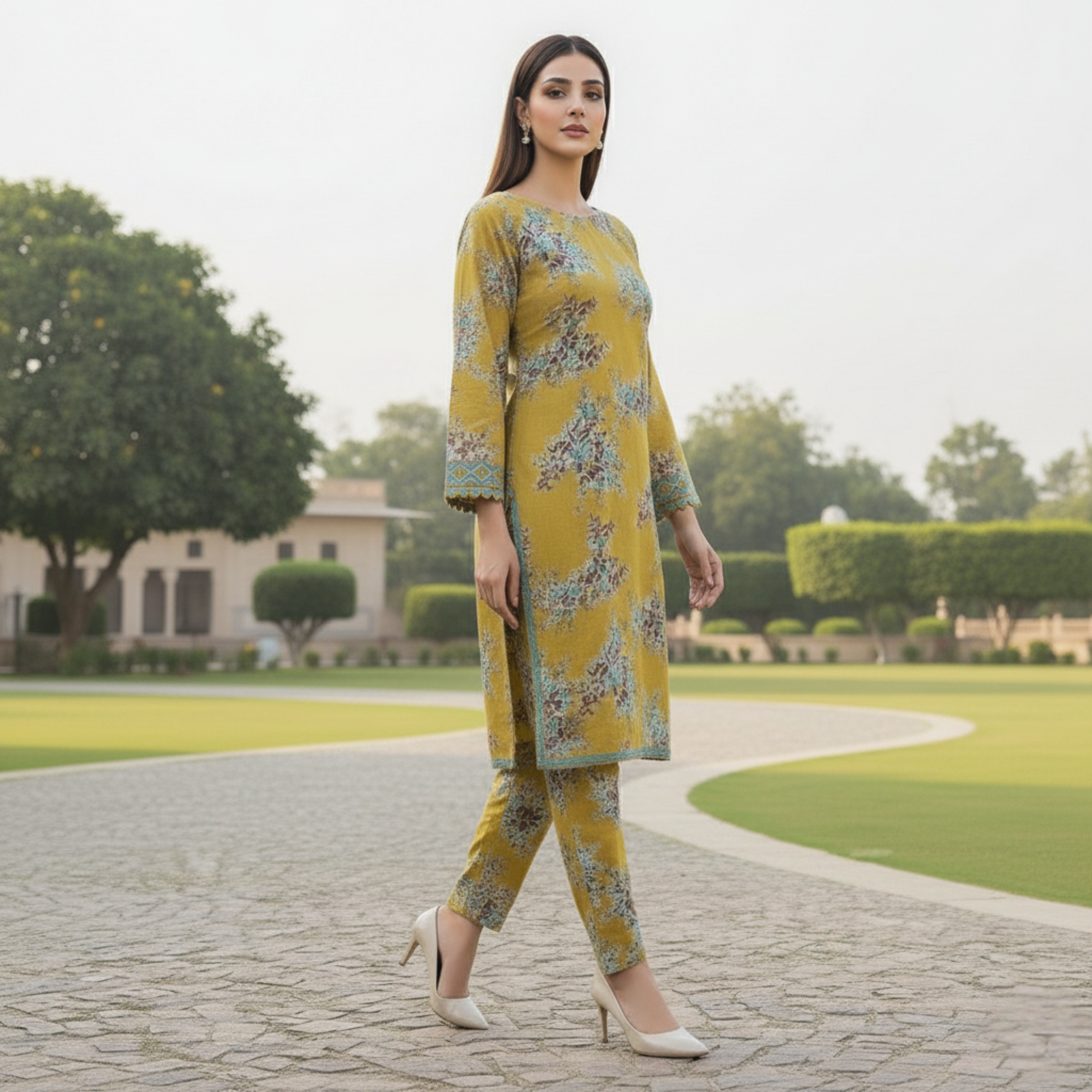Stitched Mustard Yellow Floral Printed Linen 2-Piece Suit