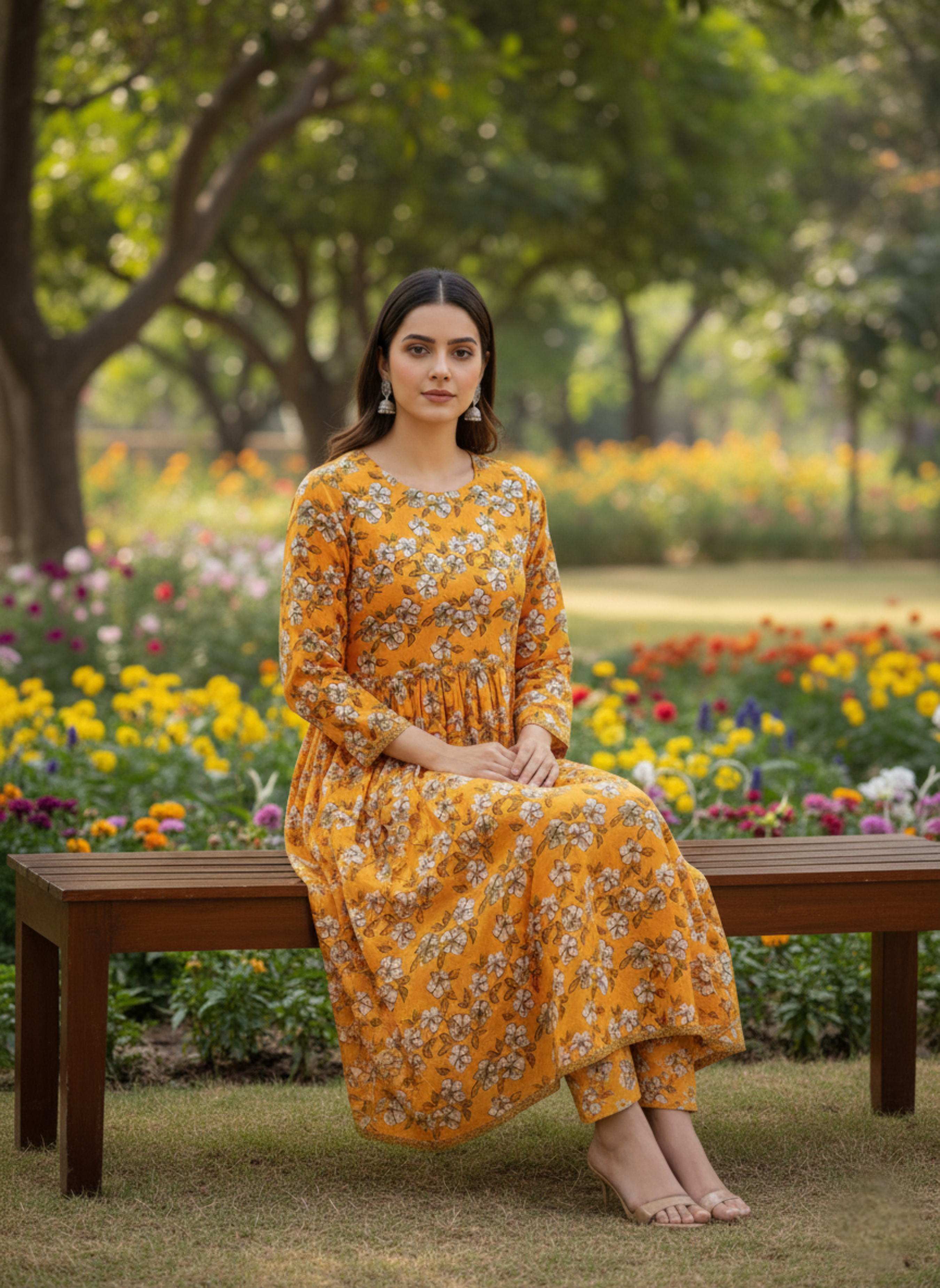 Stitched Mustard Floral Kurta Set – Elegant Flared 2-Piece
