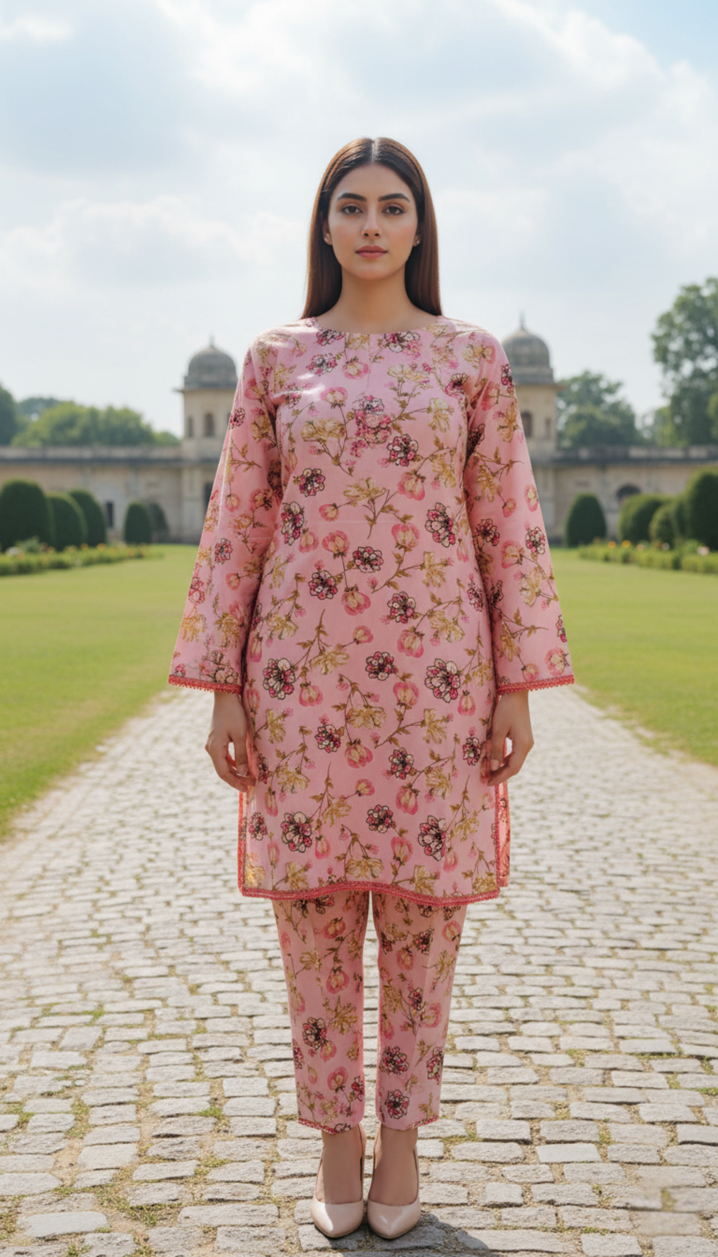 Stitched Pink Floral Printed Linen 2-Piece Suit – Soft & Elegant Daily Wear