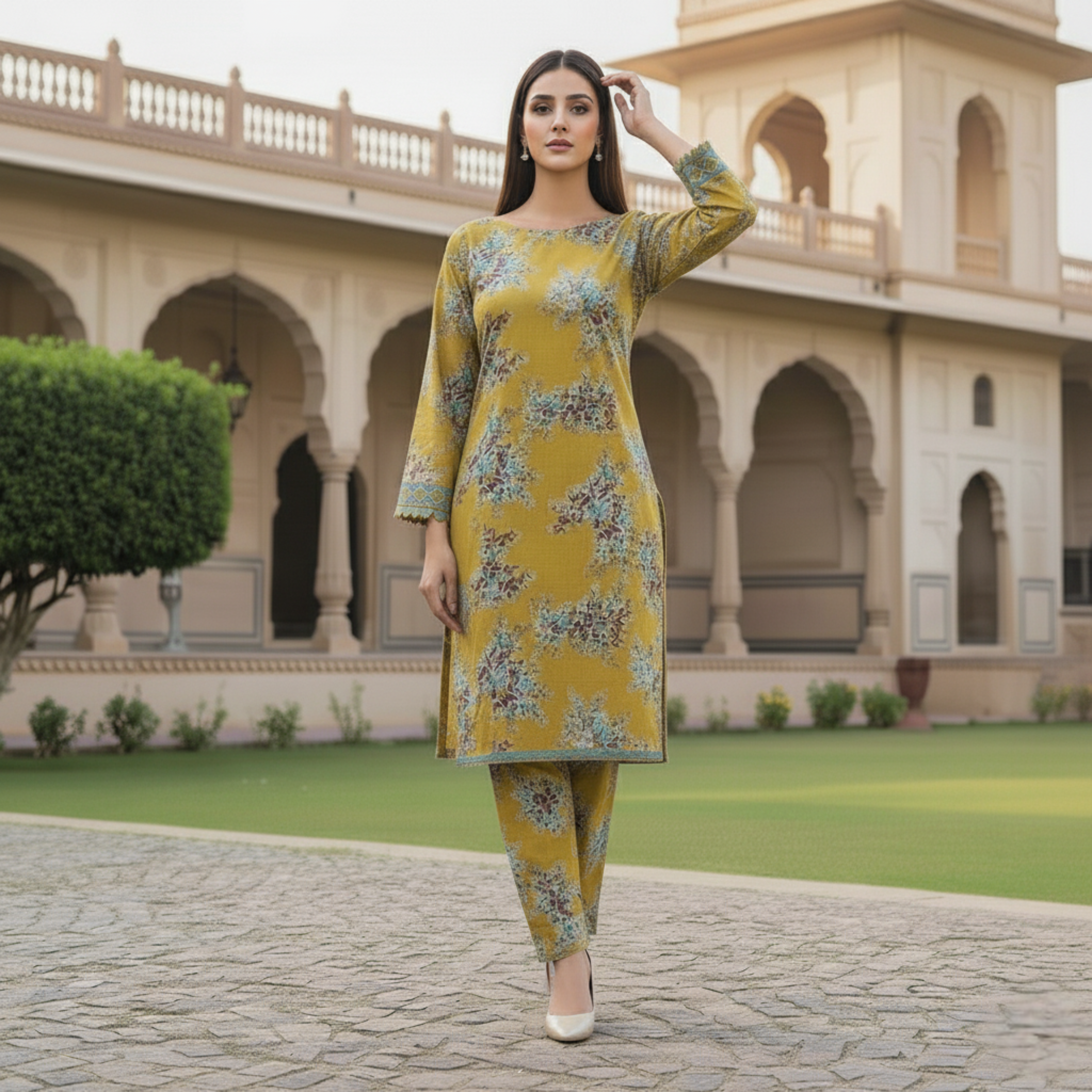Stitched Mustard Yellow Floral Printed Linen 2-Piece Suit