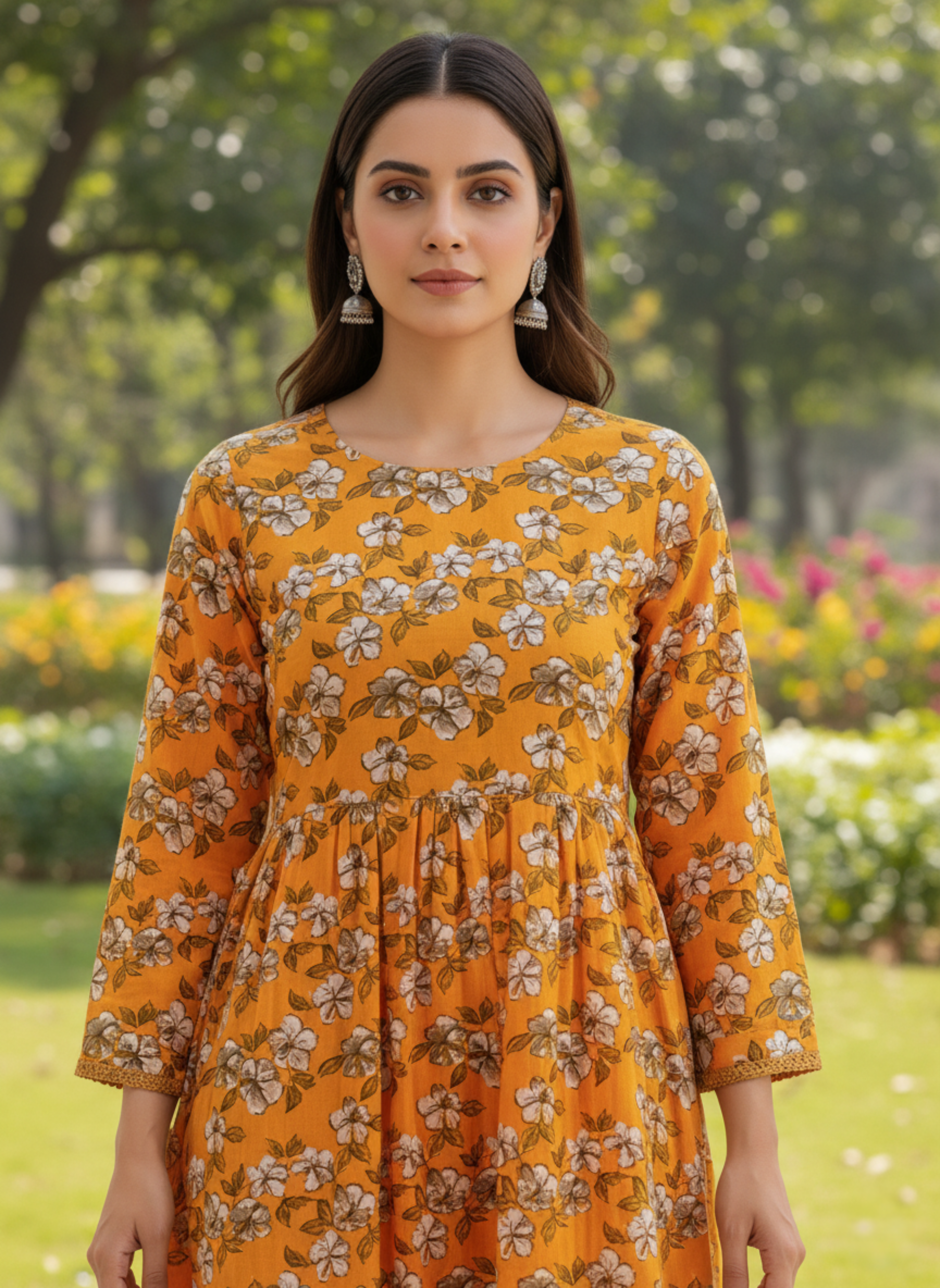 Stitched Mustard Floral Kurta Set – Elegant Flared 2-Piece