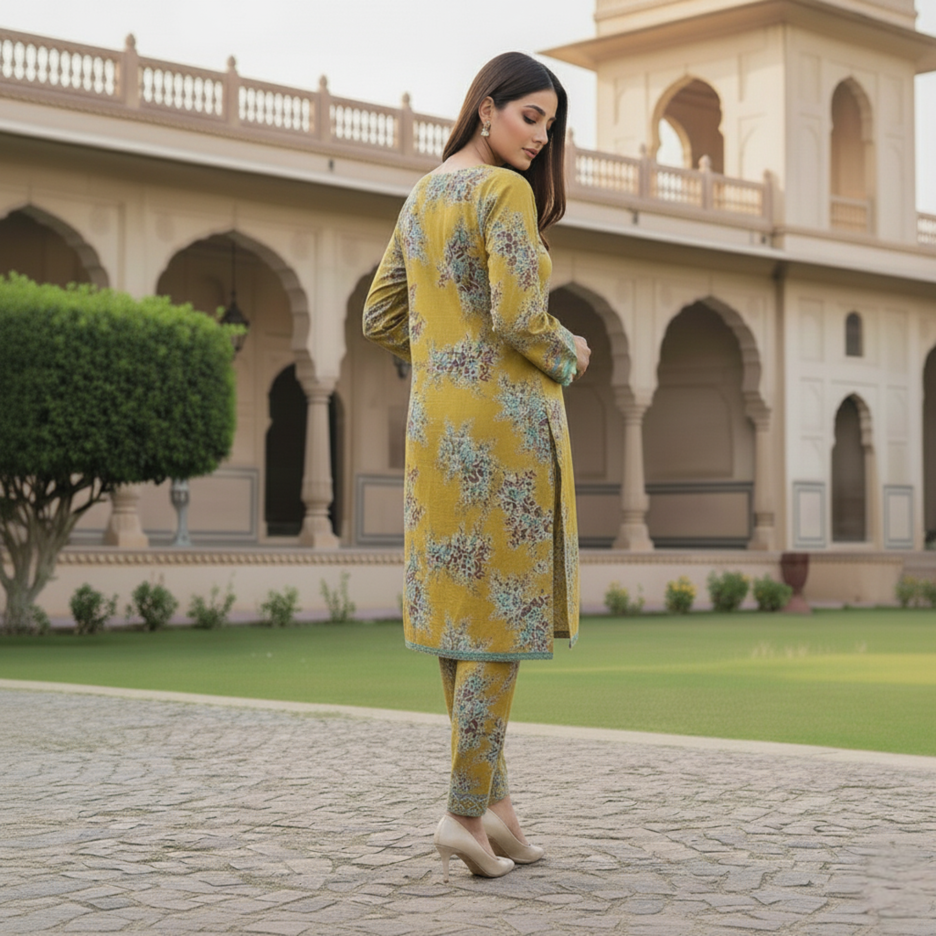 Stitched Mustard Yellow Floral Printed Linen 2-Piece Suit