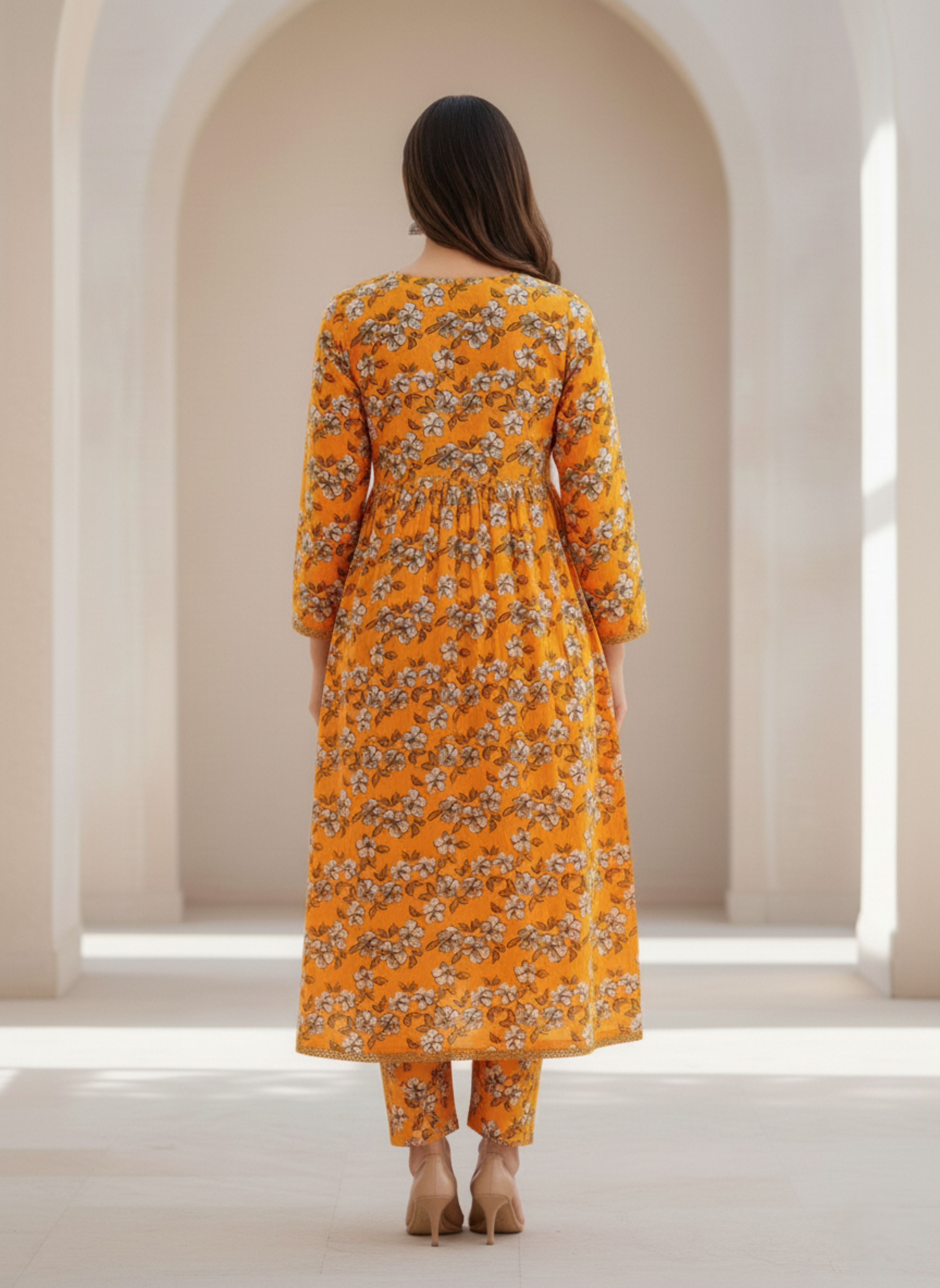 Stitched Mustard Floral Kurta Set – Elegant Flared 2-Piece