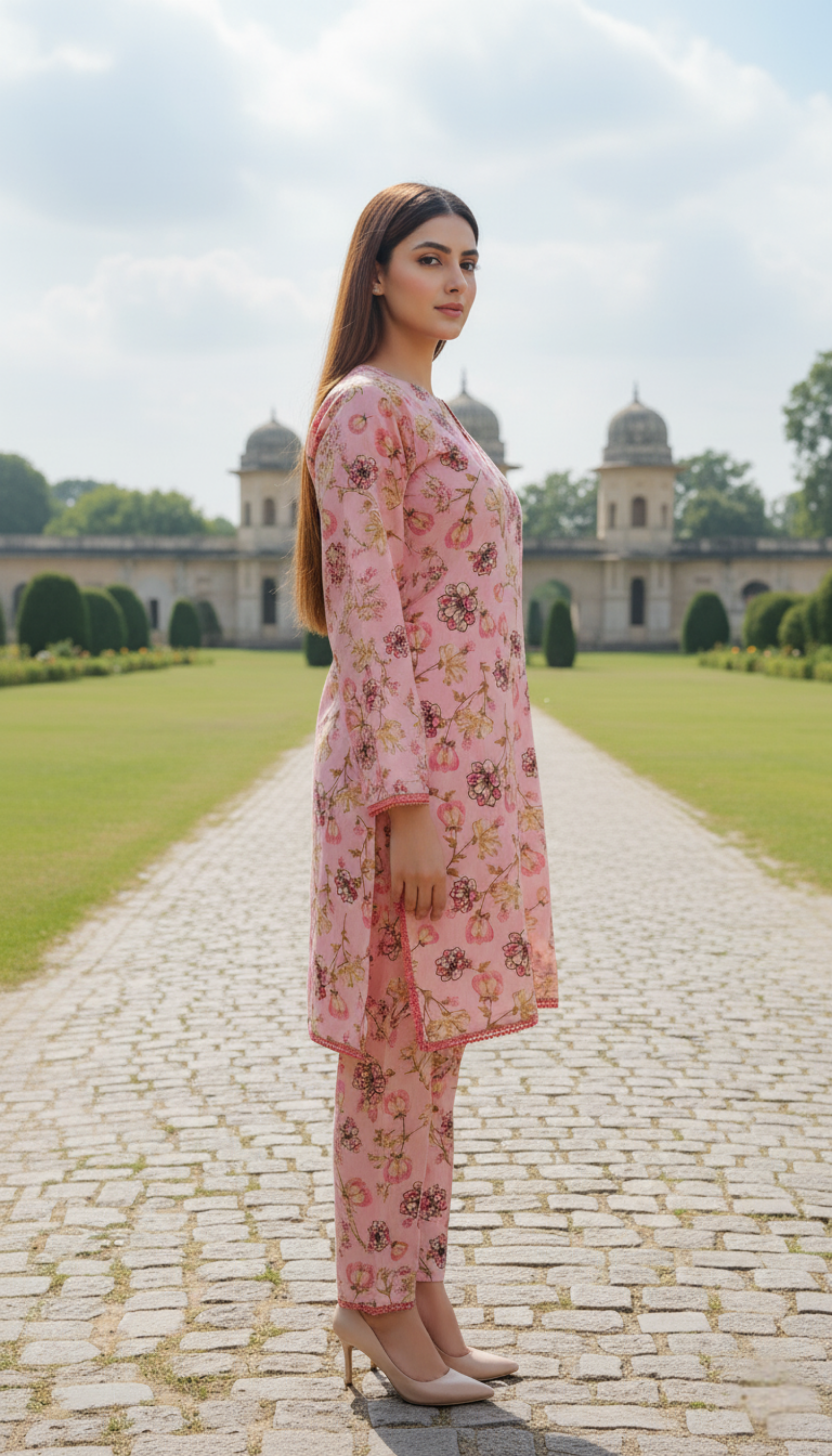 Stitched Pink Floral Printed Linen 2-Piece Suit – Soft & Elegant Daily Wear