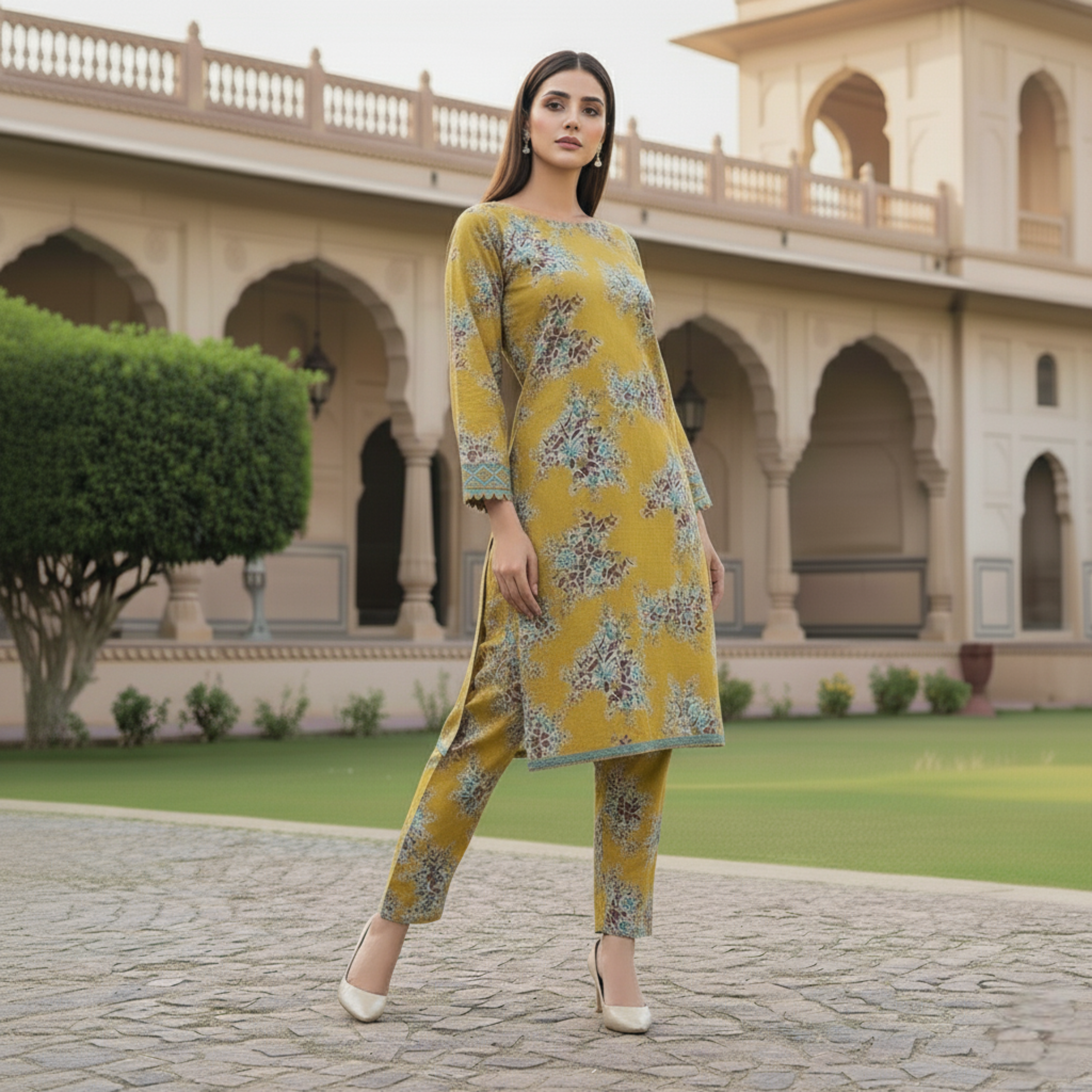 Stitched Mustard Yellow Floral Printed Linen 2-Piece Suit