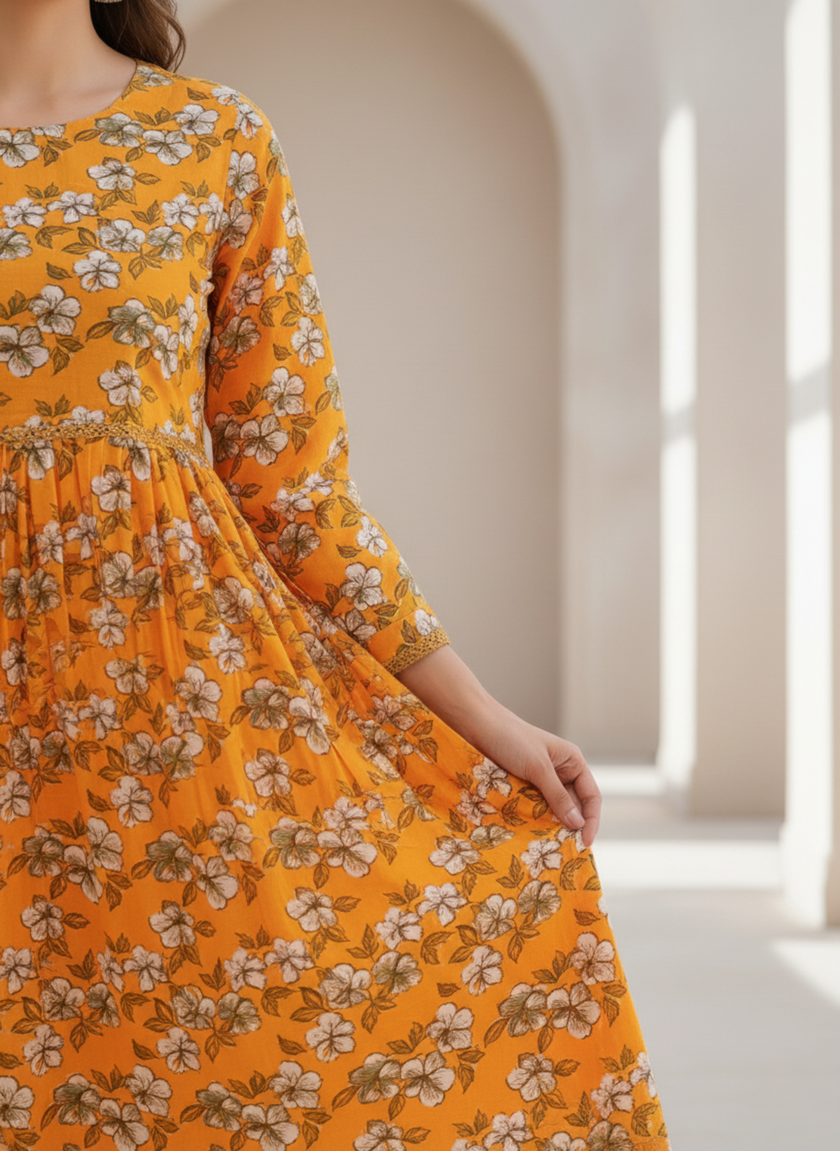 Stitched Mustard Floral Kurta Set – Elegant Flared 2-Piece