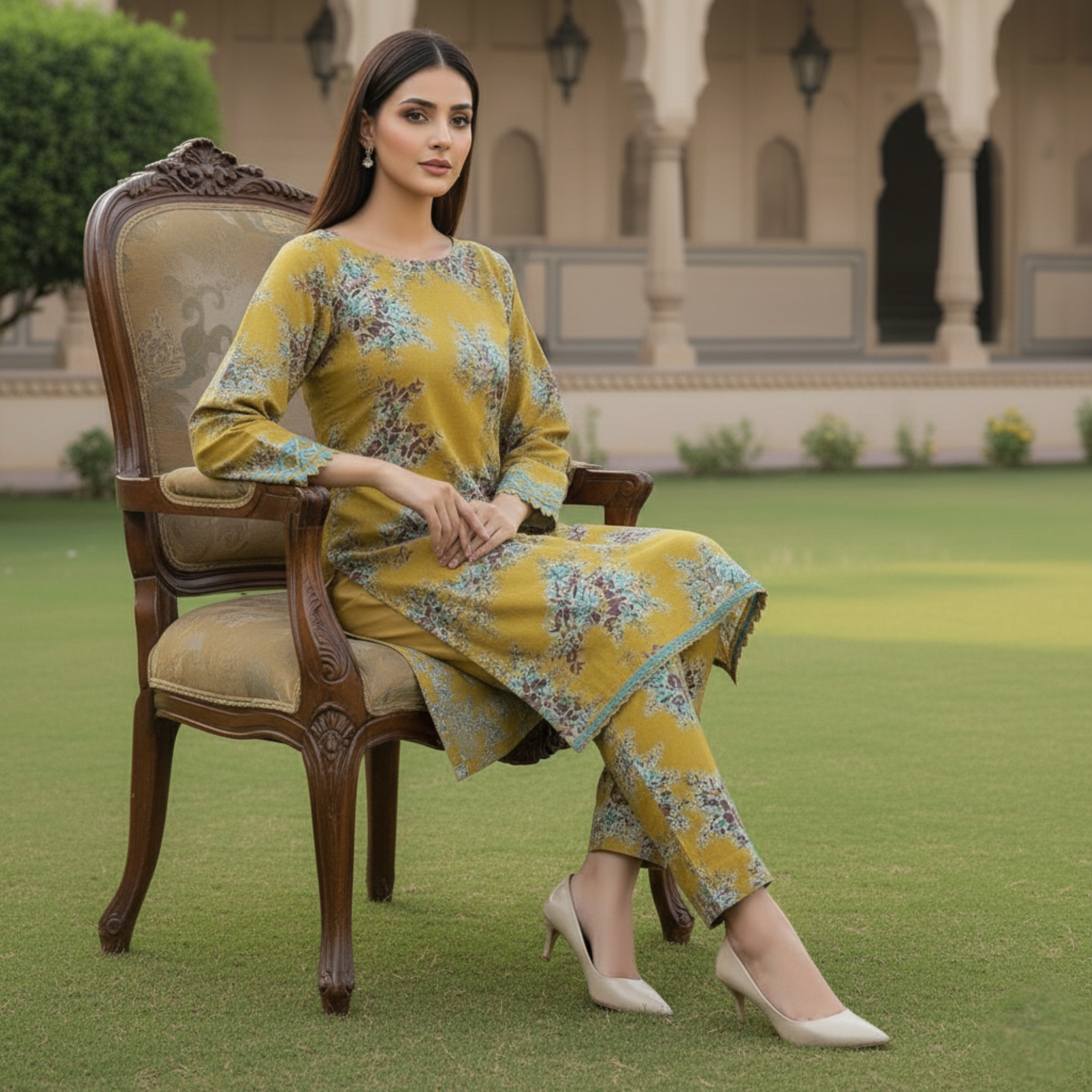 Stitched Mustard Yellow Floral Printed Linen 2-Piece Suit
