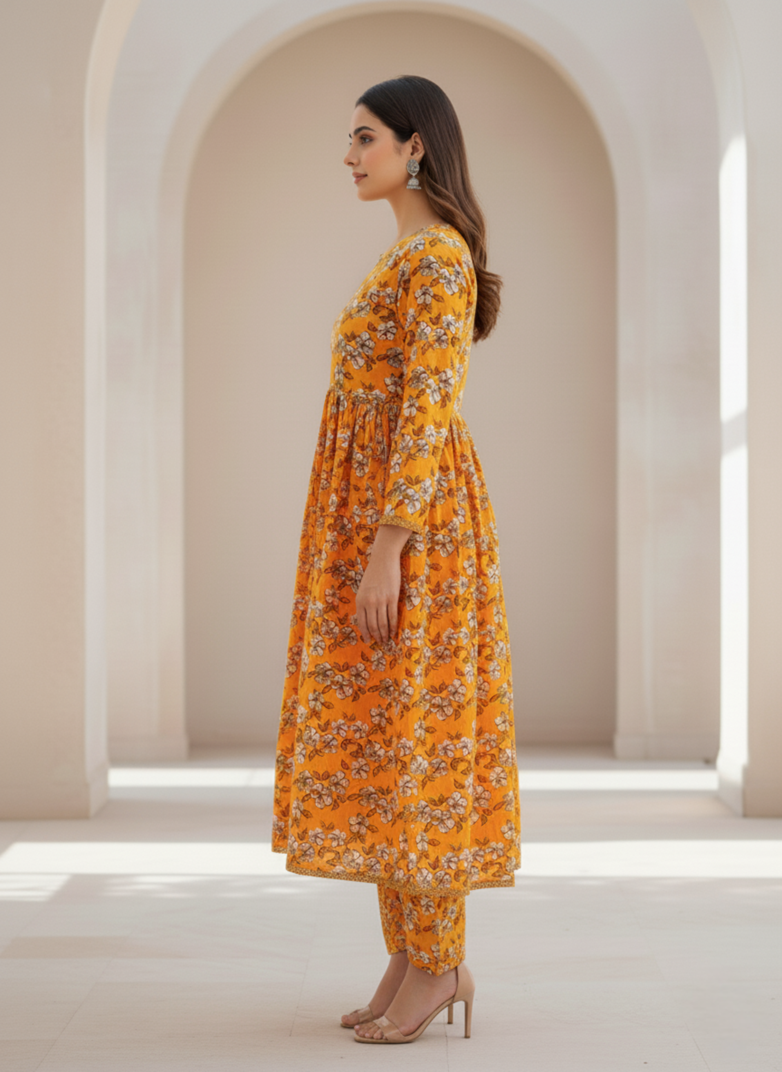 Stitched Mustard Floral Kurta Set – Elegant Flared 2-Piece