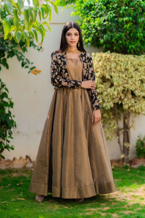 Embroidered Maxi Dress With Koti Set