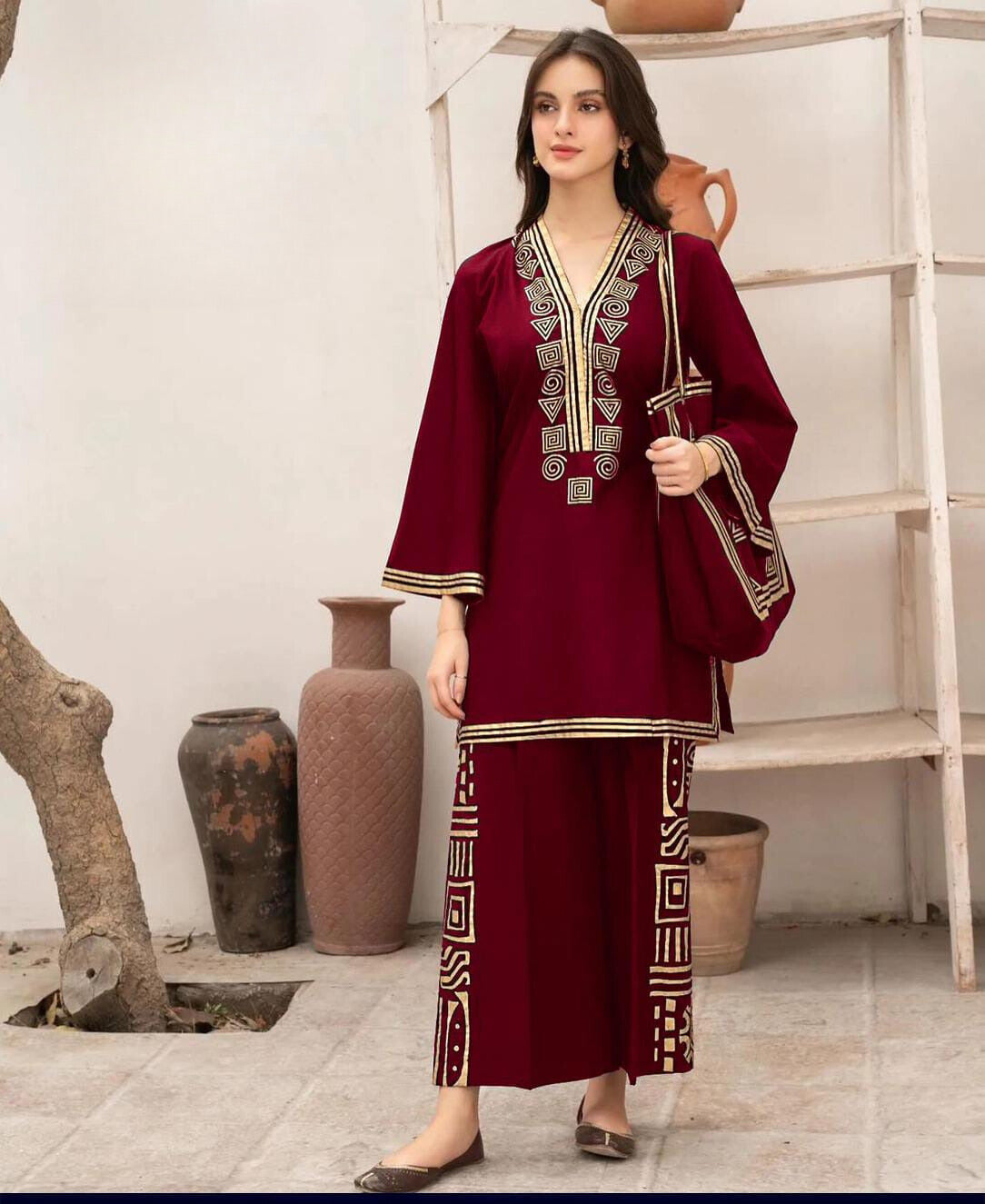 Embroidered 3-Piece Cotton Set with Matching Bag