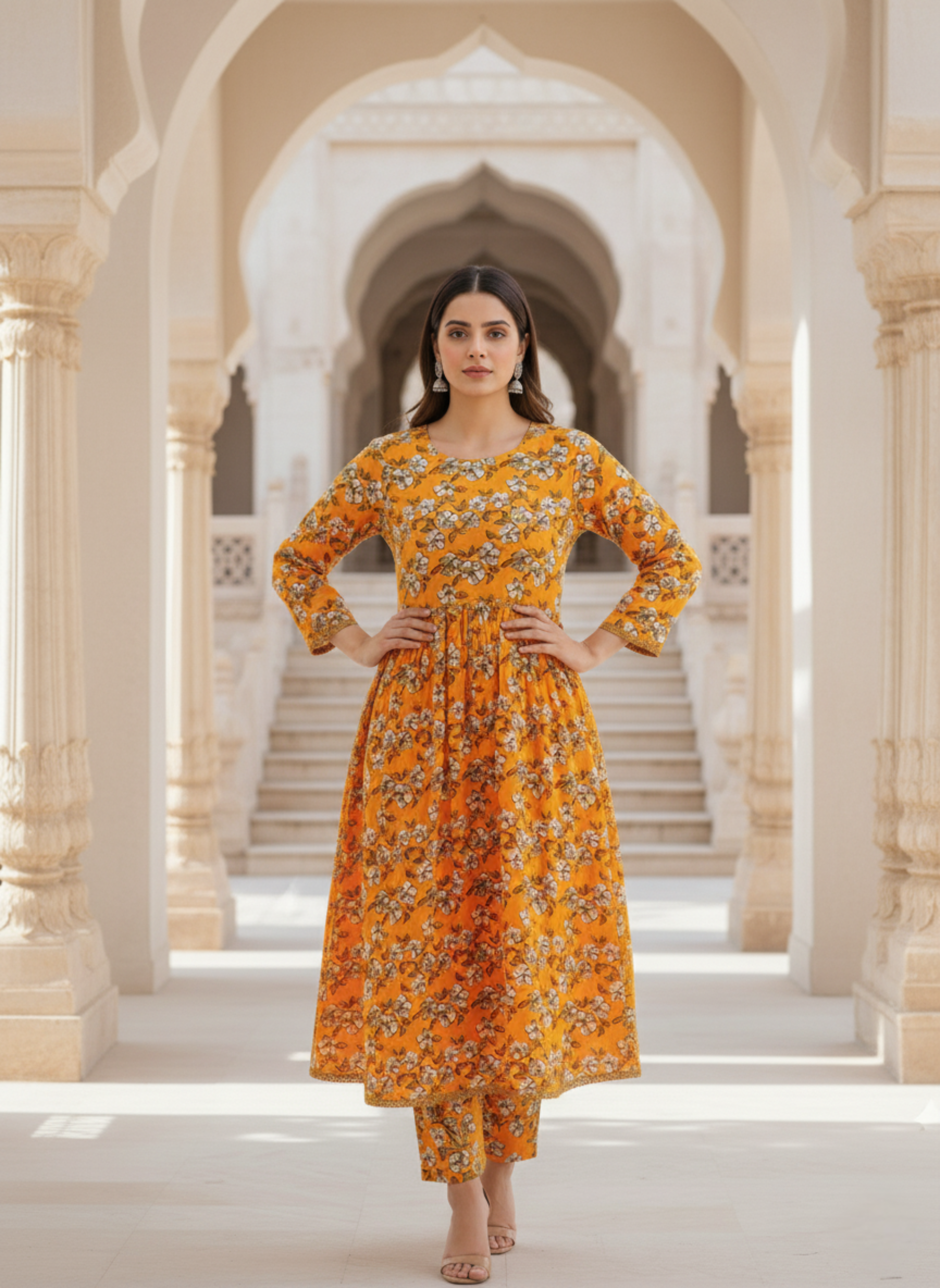Stitched Mustard Floral Kurta Set – Elegant Flared 2-Piece