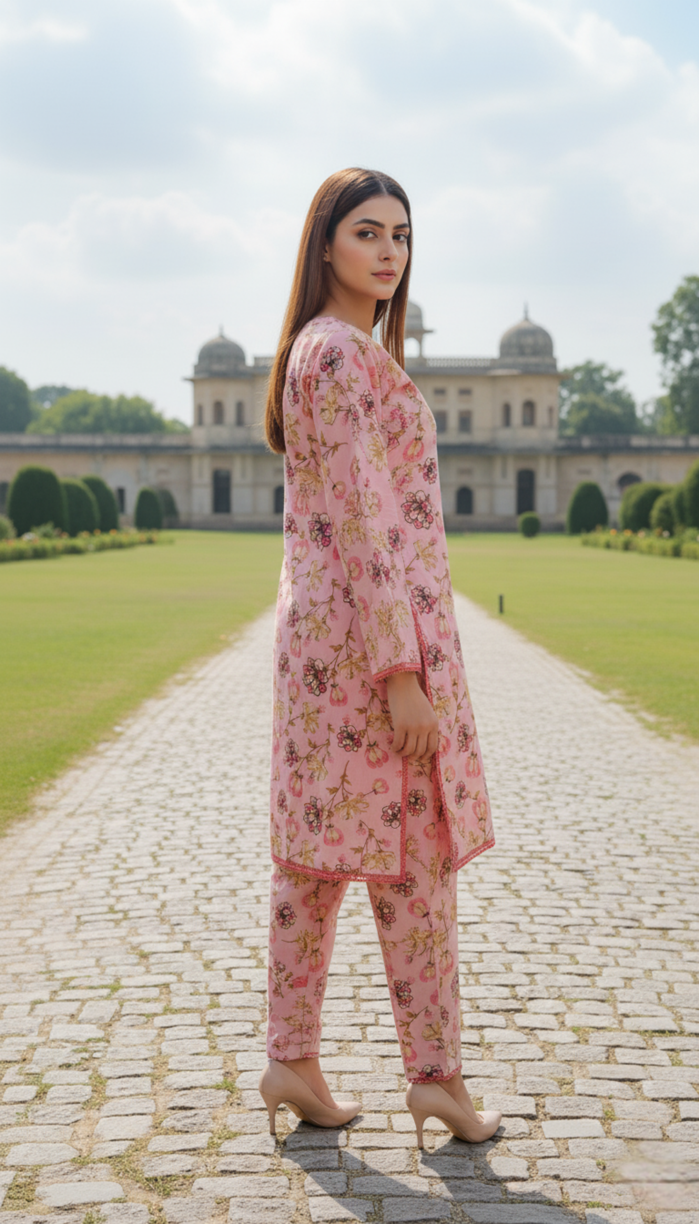 Stitched Pink Floral Printed Linen 2-Piece Suit – Soft & Elegant Daily Wear