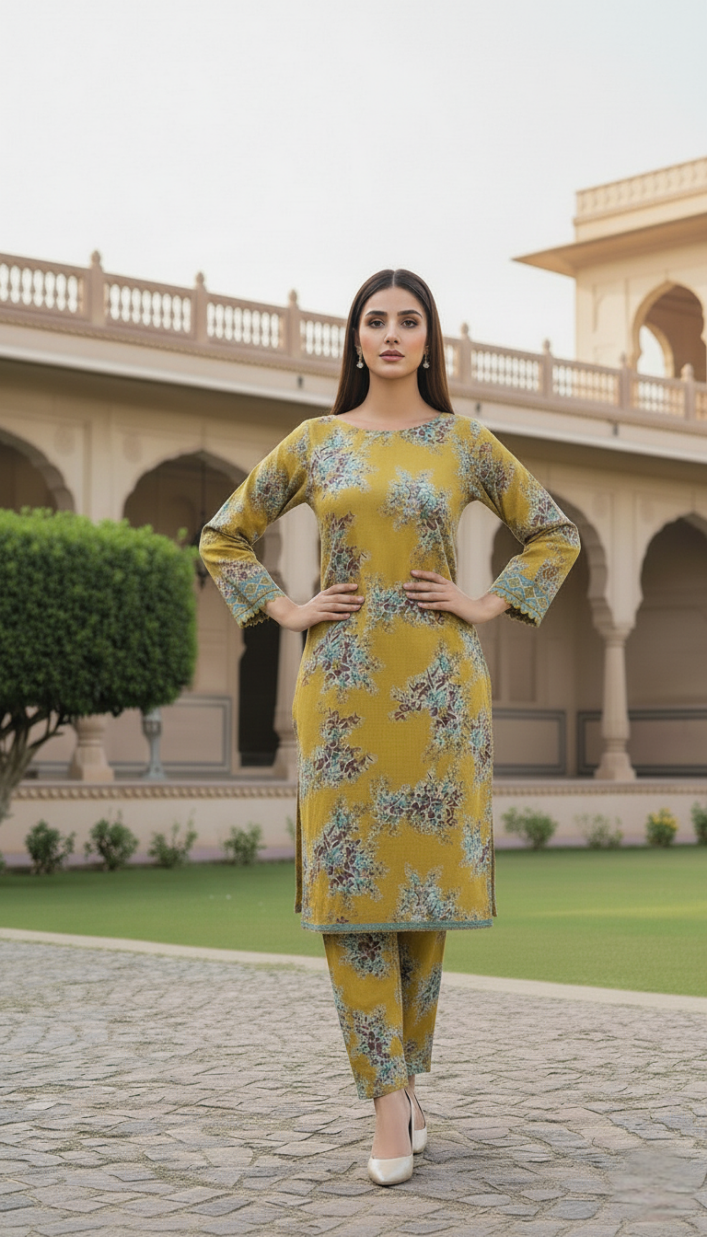 Stitched Mustard Yellow Floral Printed Linen 2-Piece Suit