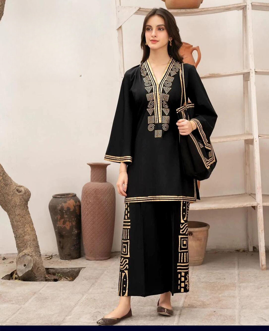 Embroidered 3-Piece Cotton Set with Matching Bag