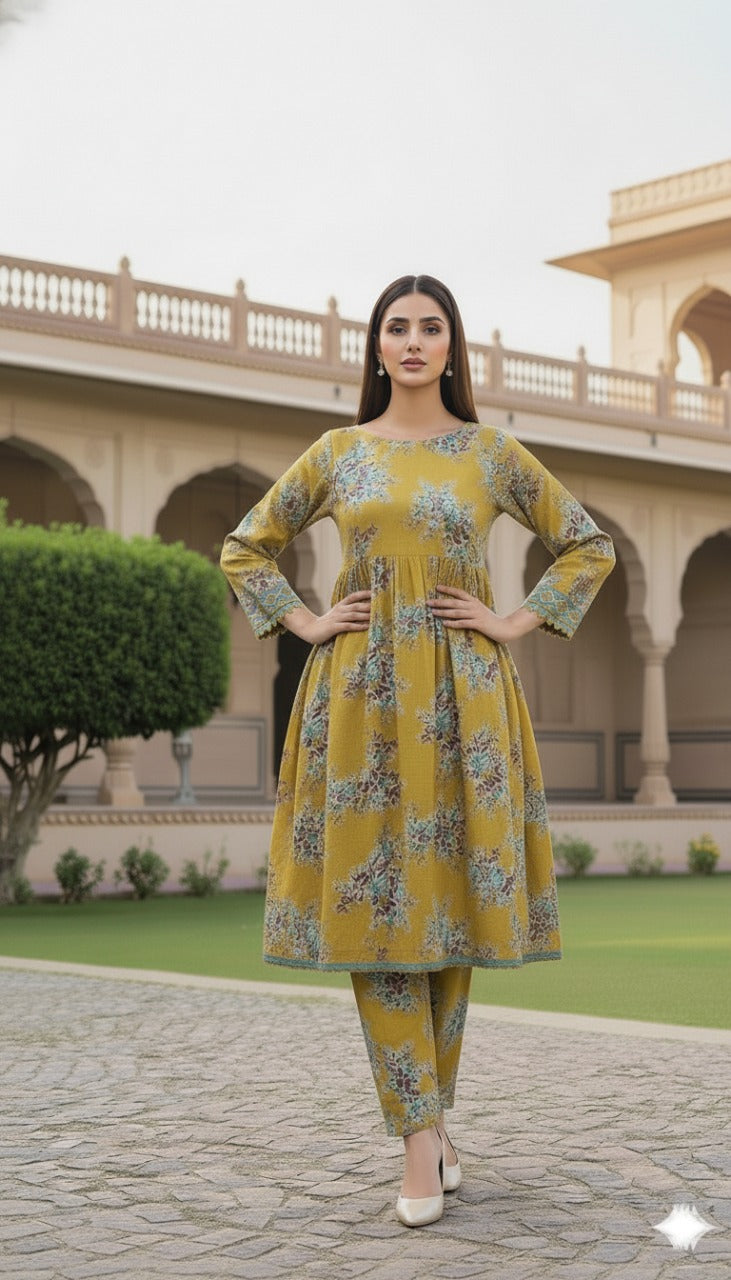 Stitched Mustard Yellow Floral Printed Linen 2-Piece Suit