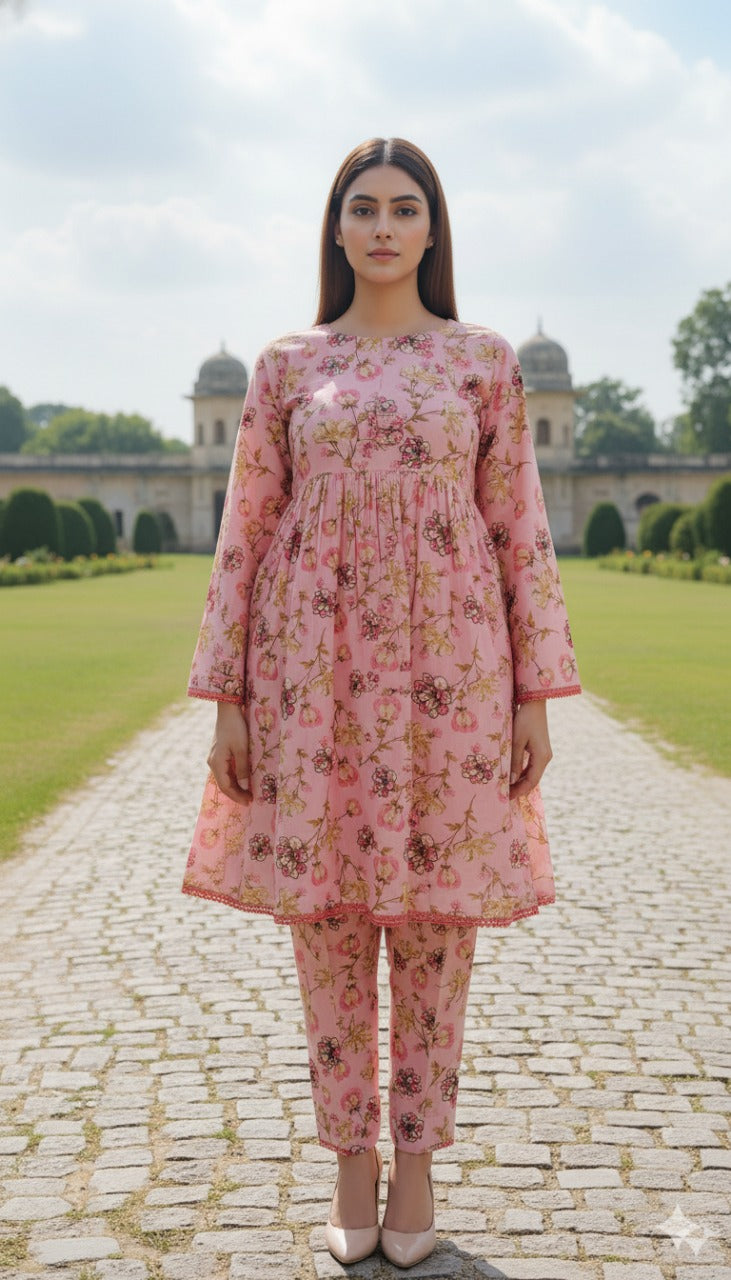Stitched Pink Floral Printed Linen 2-Piece Suit – Soft & Elegant Daily Wear