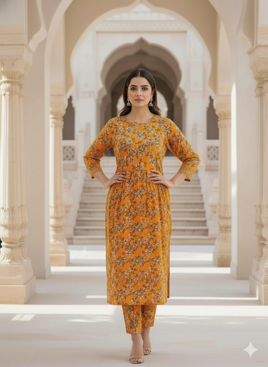 Stitched Mustard Floral Kurta Set – Elegant Flared 2-Piece