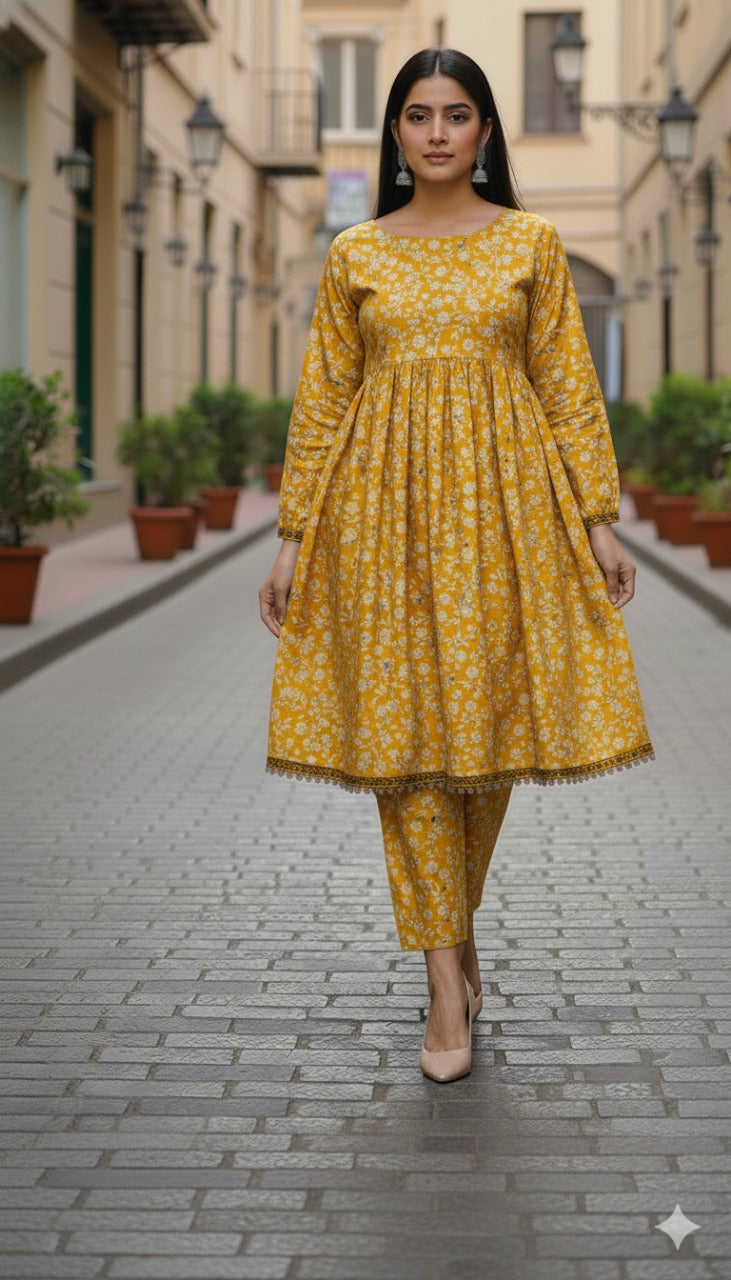 Stitched Yellow Floral Printed Linen 2-Piece Suit – Everyday Wear