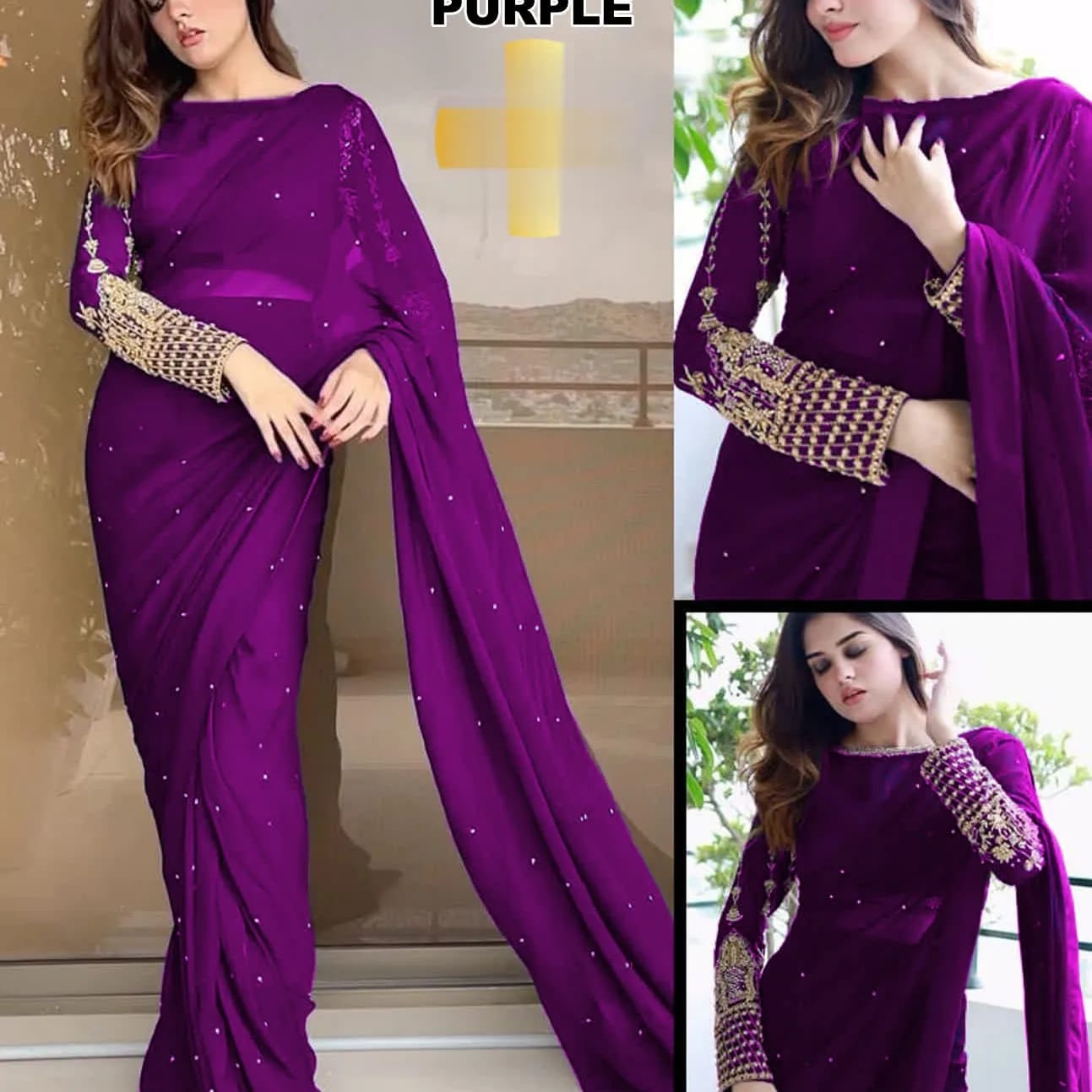 Sleeves Embroidery Blouse With Pettycoat And Pearls Attached Sareee