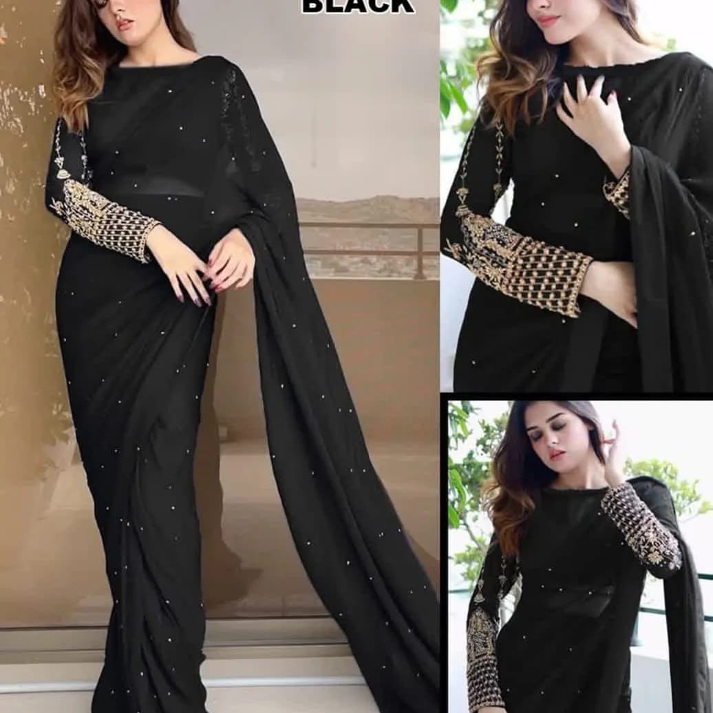 Sleeves Embroidery Blouse With Pettycoat And Pearls Attached Sareee