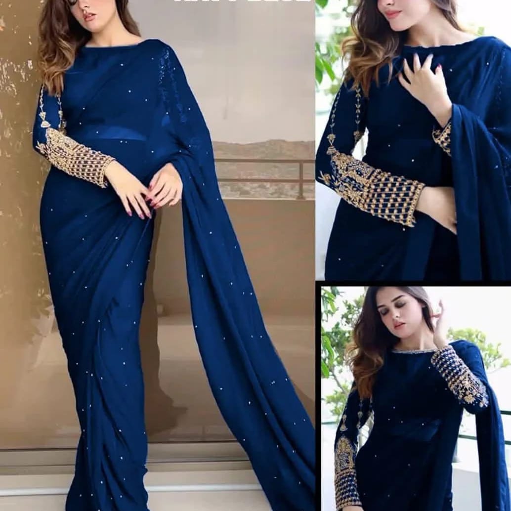 Sleeves Embroidery Blouse With Pettycoat And Pearls Attached Sareee