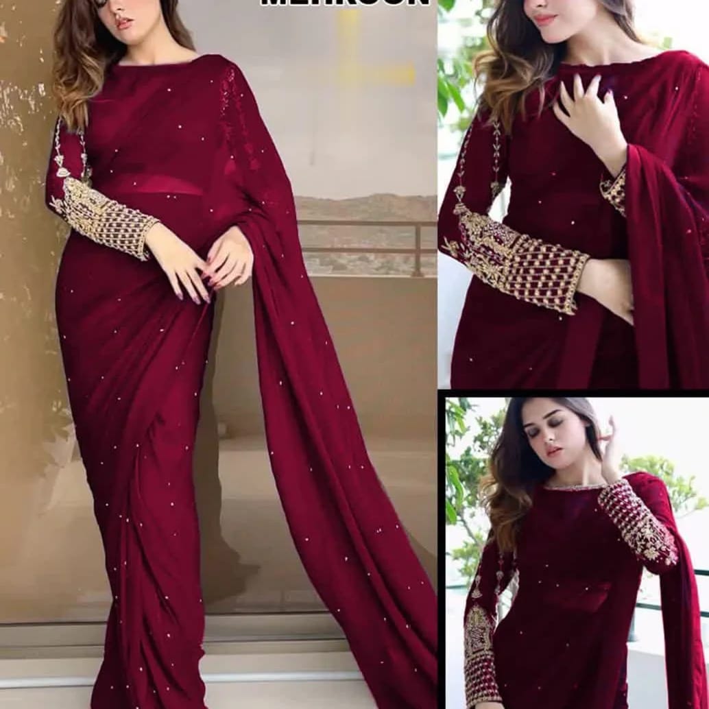 Sleeves Embroidery Blouse With Pettycoat And Pearls Attached Sareee