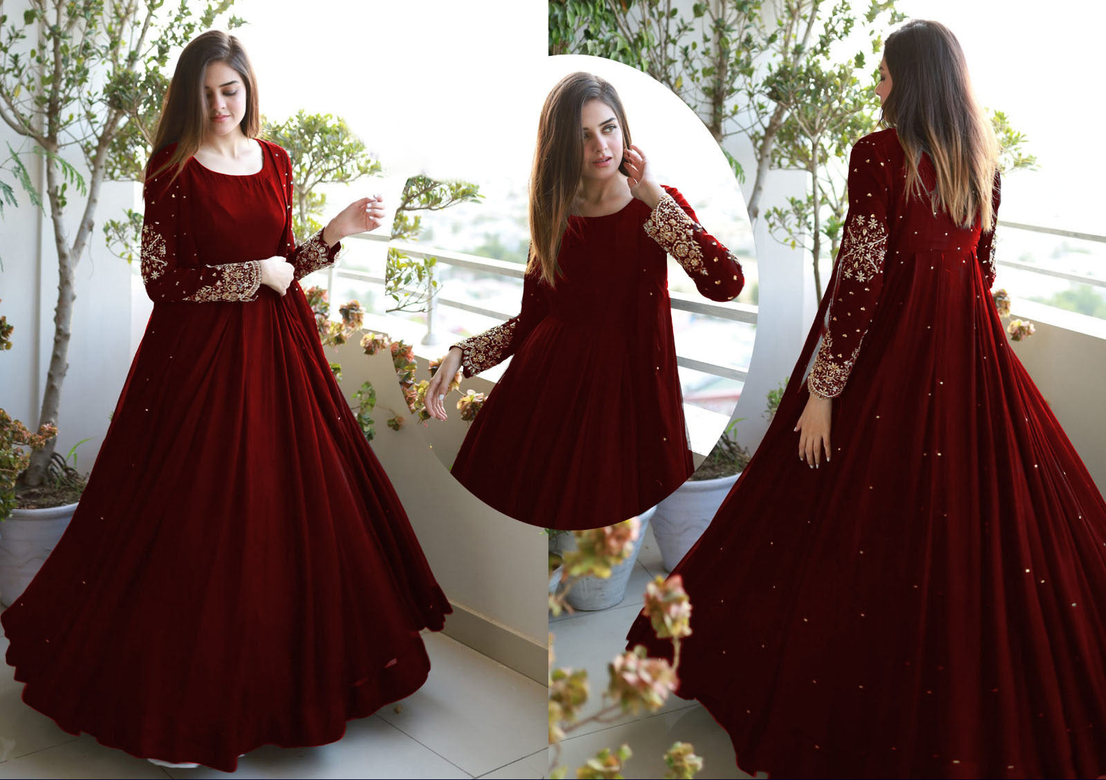 Embroidered Gown with Pearls Attached &amp; Long Maxi Trouser – 3 PCs Set