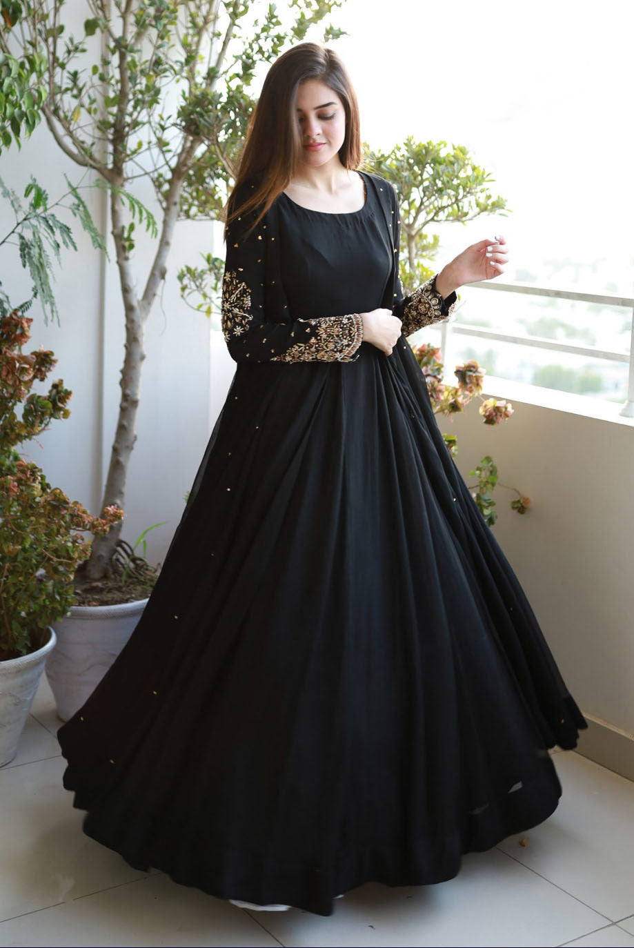 Embroidered Gown with Pearls Attached &amp; Long Maxi Trouser – 3 PCs Set