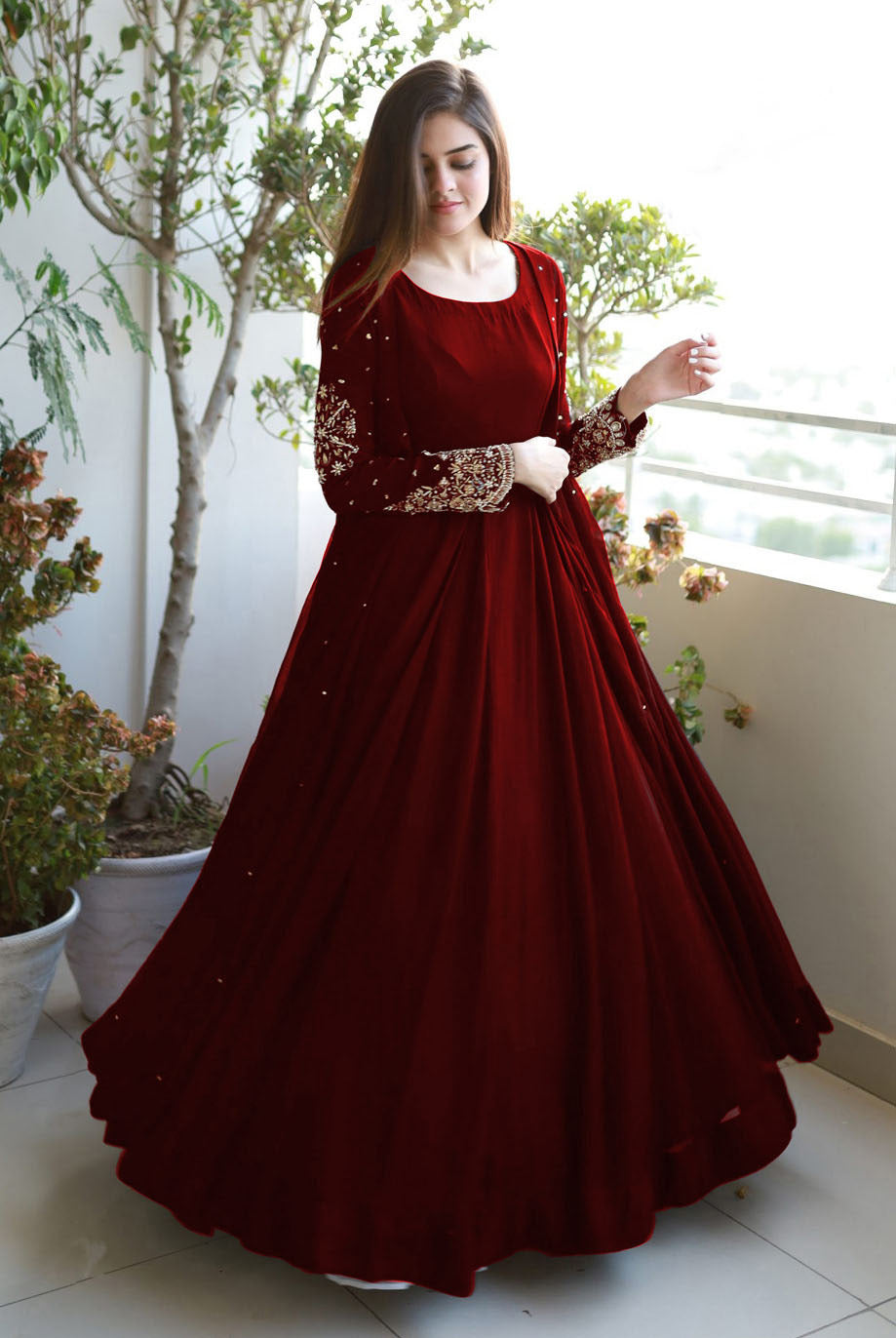 Embroidered Gown with Pearls Attached &amp; Long Maxi Trouser – 3 PCs Set