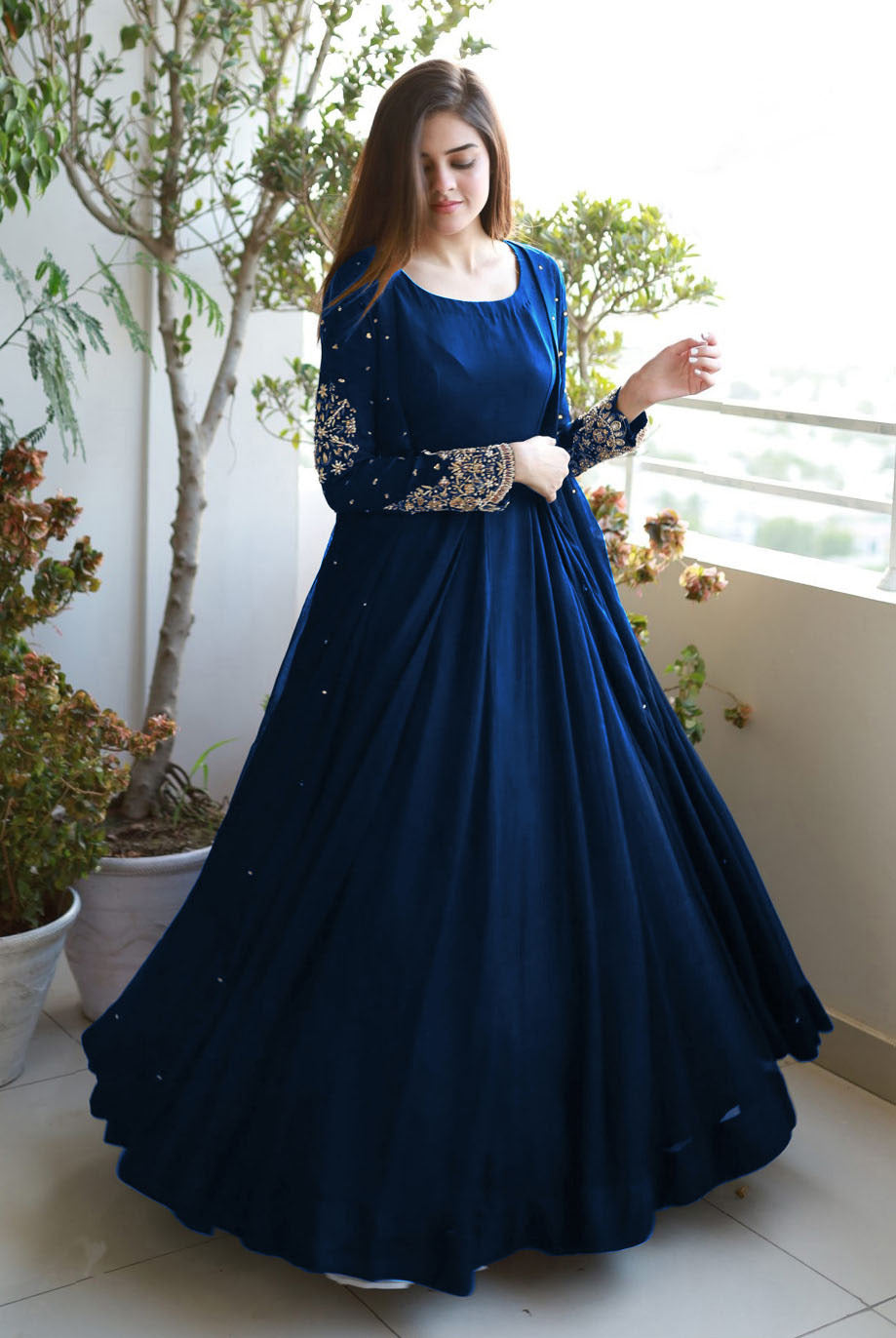 Embroidered Gown with Pearls Attached &amp; Long Maxi Trouser – 3 PCs Set