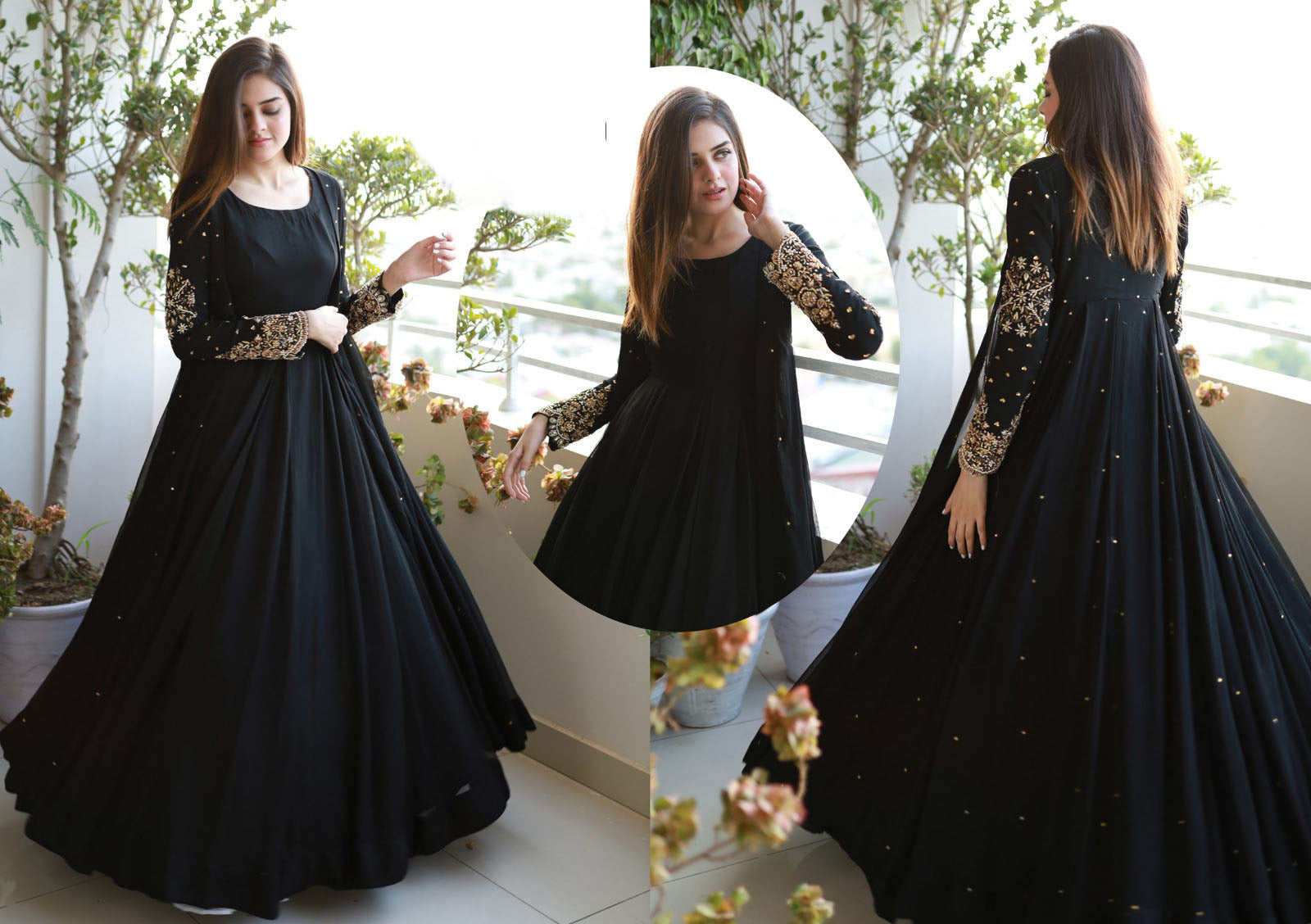 Embroidered Gown with Pearls Attached &amp; Long Maxi Trouser – 3 PCs Set
