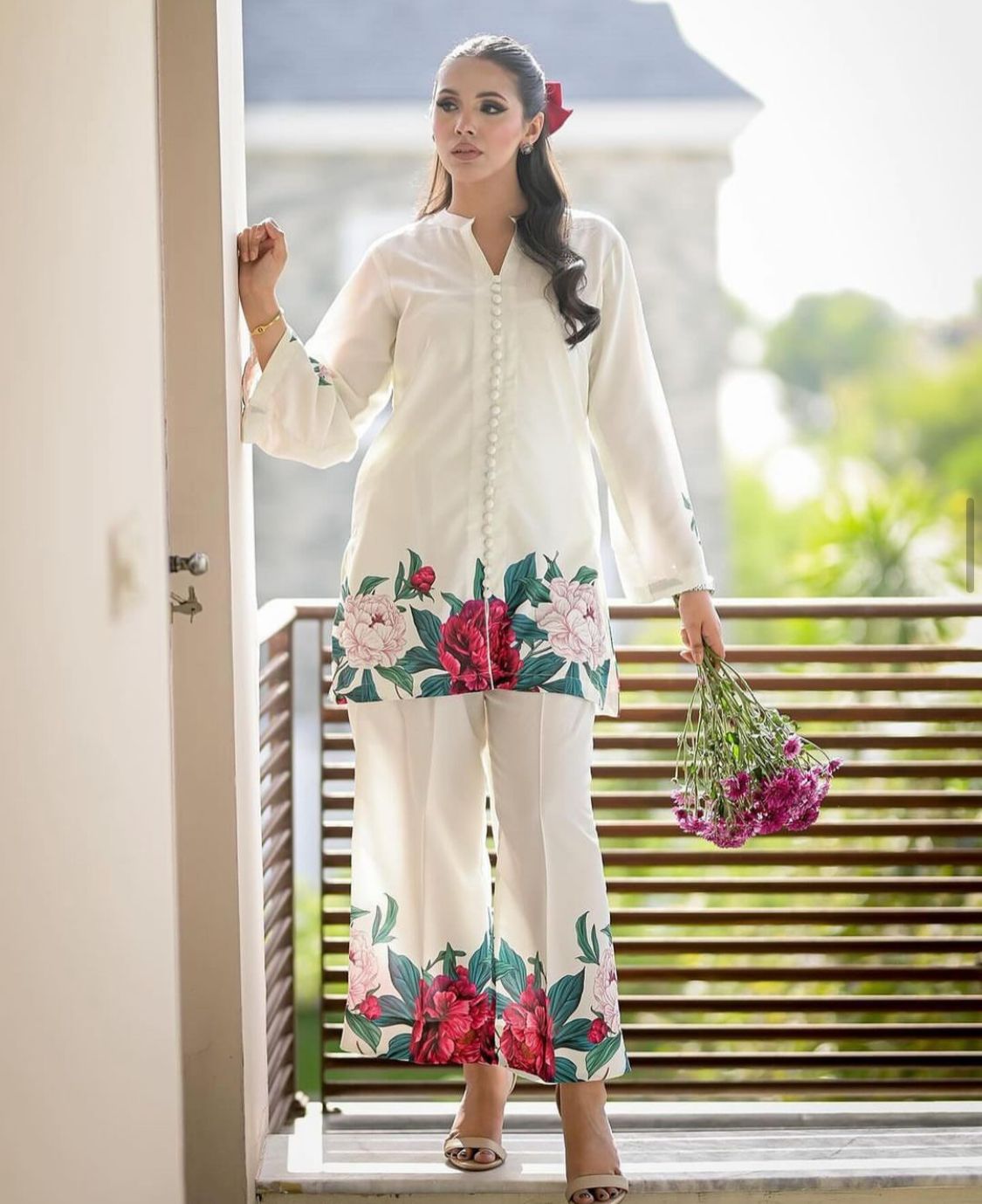 Digital Front &amp; Back Floral Print Co Ord Set 2PCs