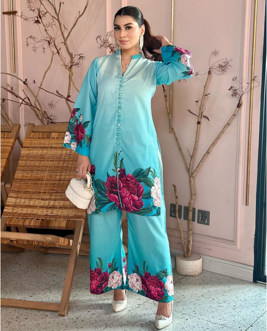 Digital Front &amp; Back Floral Print Co Ord Set 2PCs