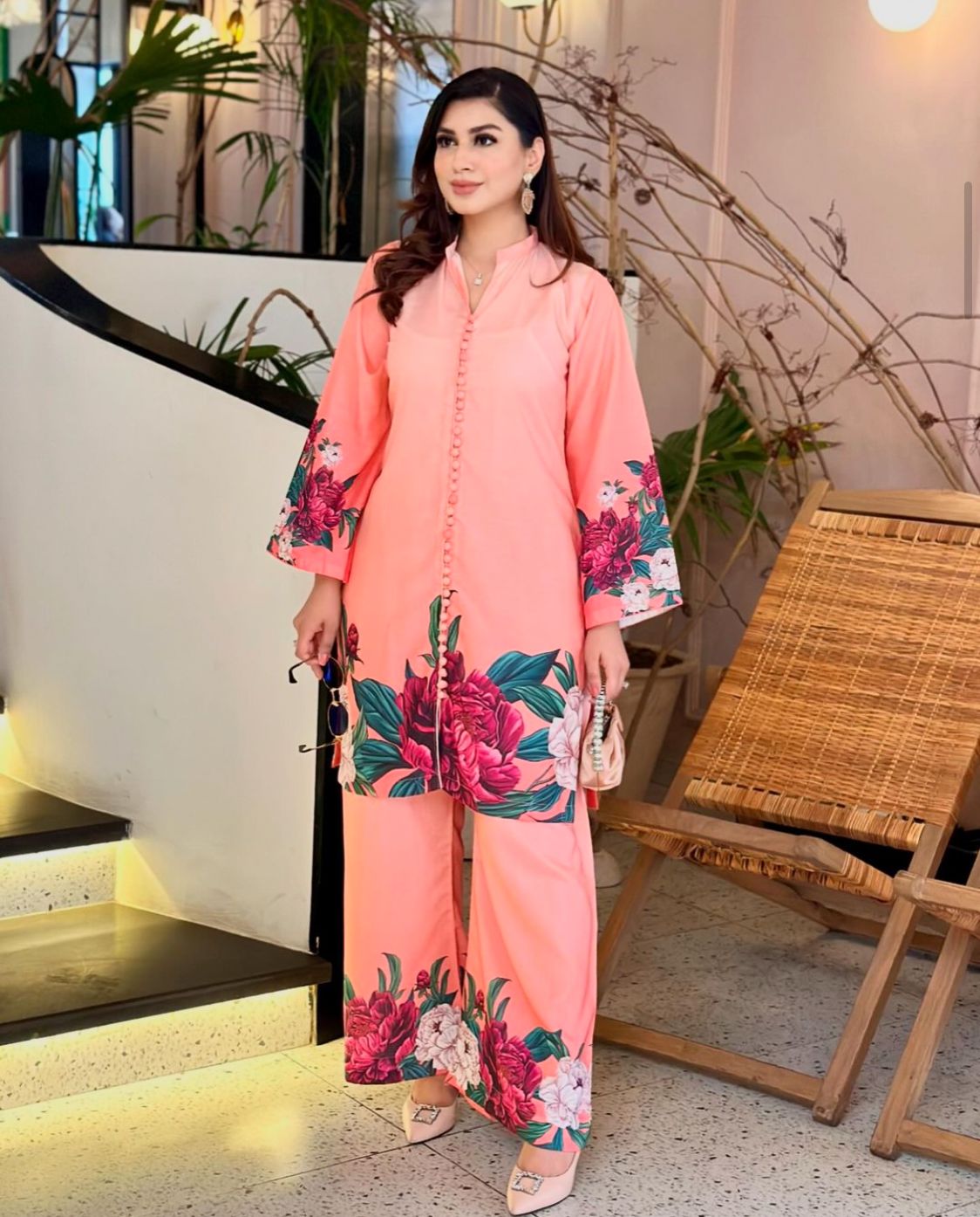 Digital Front &amp; Back Floral Print Co Ord Set 2PCs