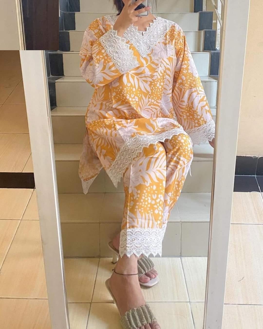 Printed Shirt With Trouser & Heavy Lace Work Also
