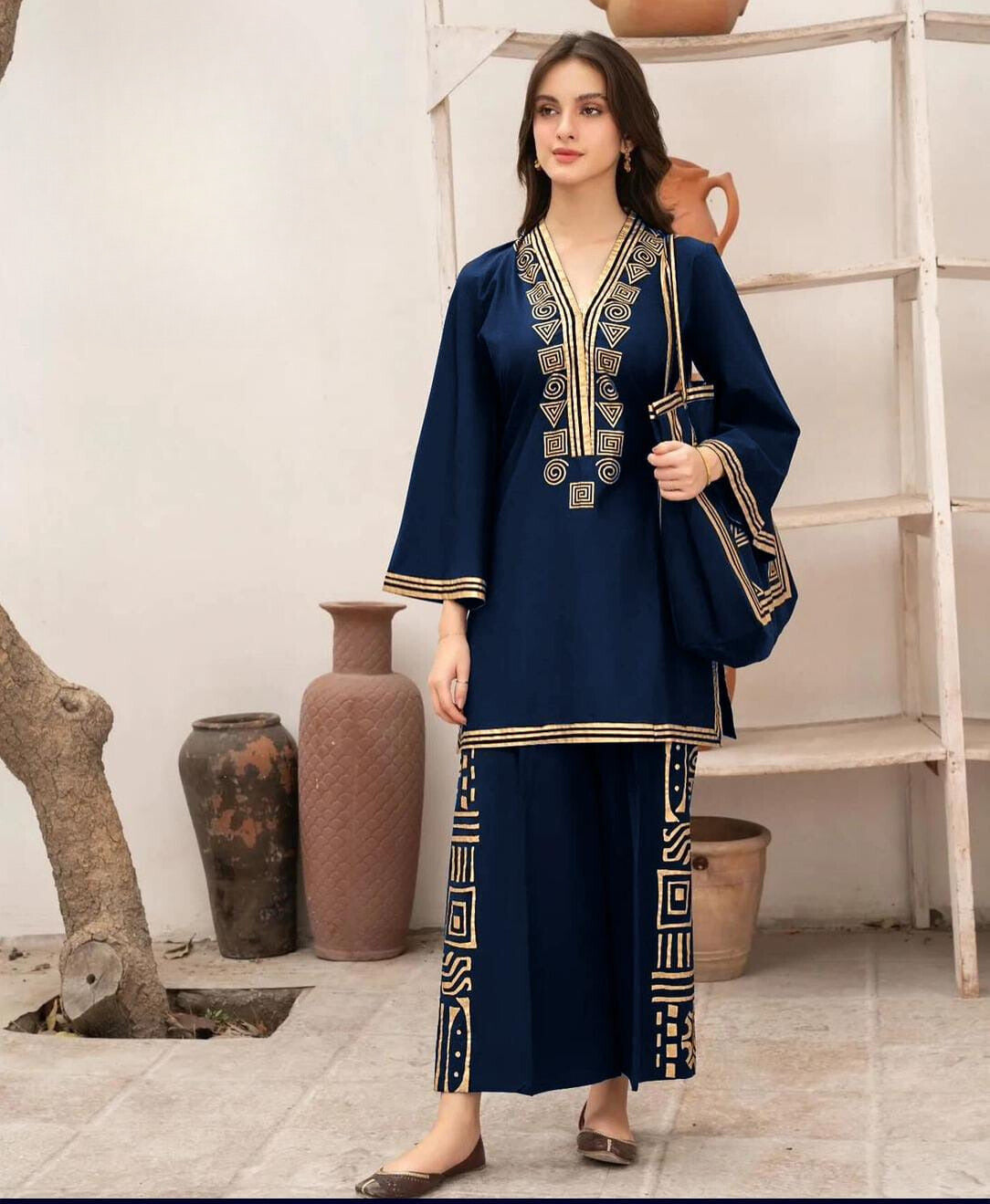 Embroidered 3-Piece Cotton Set with Matching Bag